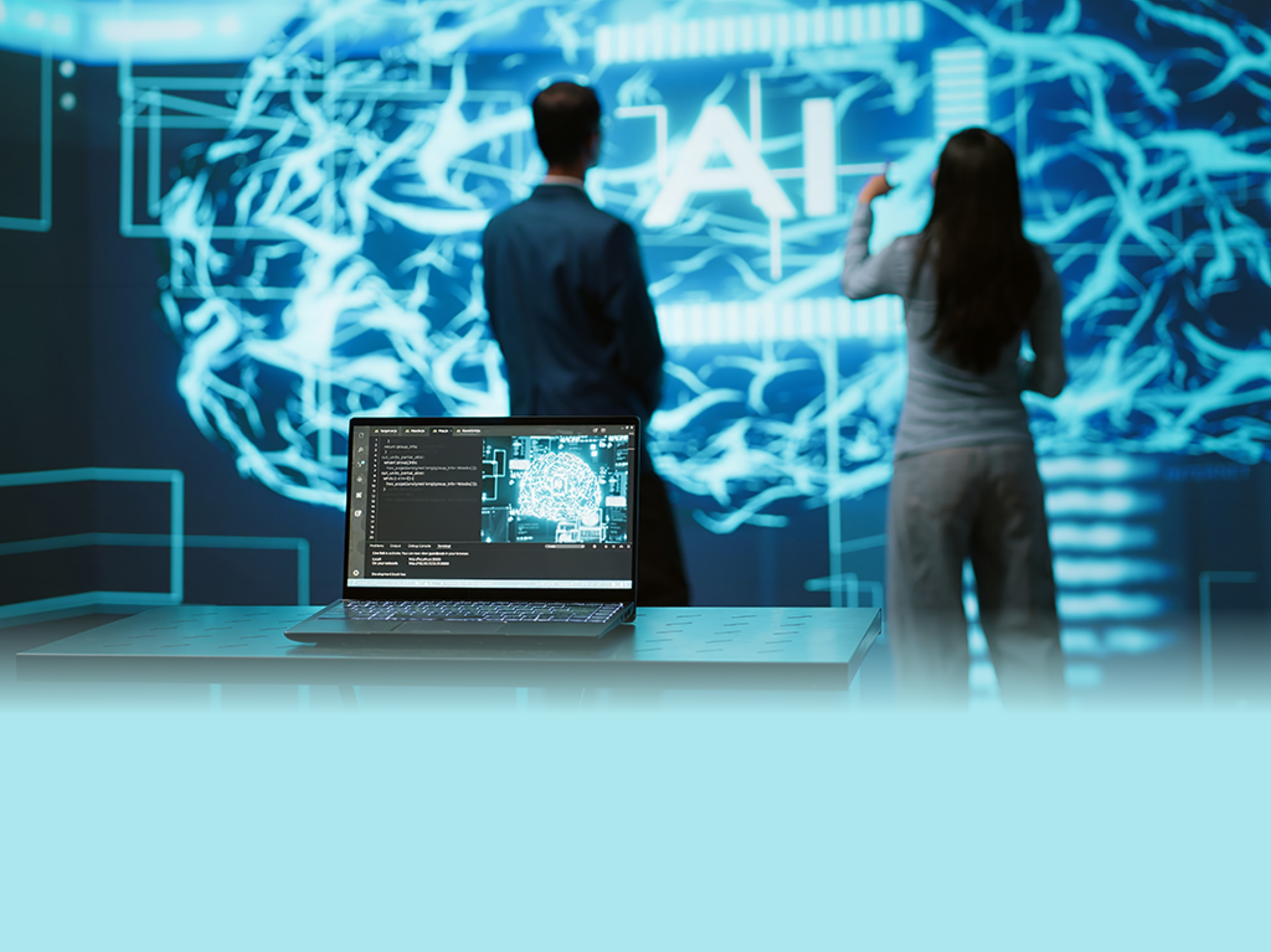 Engineers use AR tech to visualize AI neural networks brain, solving company problems. IT professionals using artificial intelligence augmented reality hologram, camera A