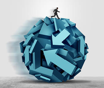 Business directing leadership as a businessman managing a group of arrow symbols into a cohesive direction as a success guidance metaphor with 3D illustration elements 