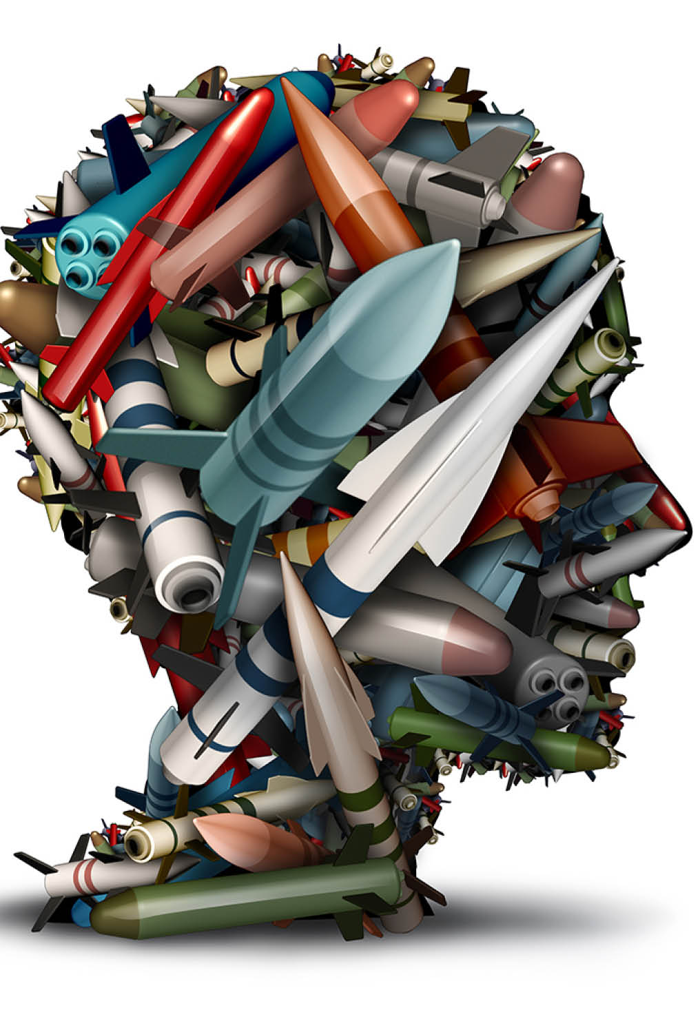 Nuclear weapons issues concept as a missile bomb attack as a group of nukes and bombs as a group of ballistic explosive devices being launched for destruction shaped as a human head as a 3D illustration 