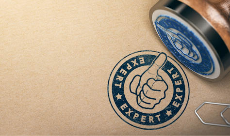 Wooden Rubber Stanp over brown cardboard background with the text expert printed in blue color  Concept of professional advice and industrial expertise  3D illustration