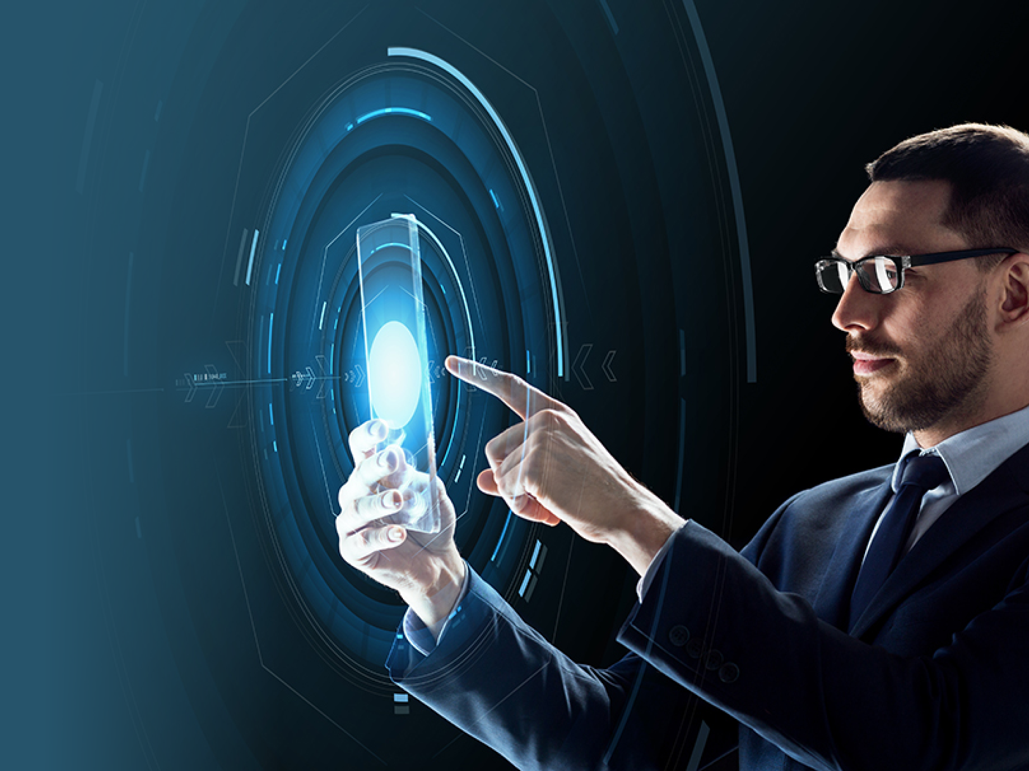 business, augmented reality and future technology concept - businessman in glasses working with transparent tablet pc computer and hologram over black background