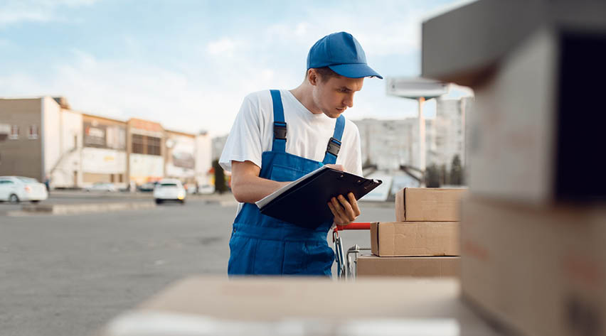 Deliveryman in uniform check parcels, delivery service  Man standing at cardboard packages in vehicle, male deliver, courier or shipping job