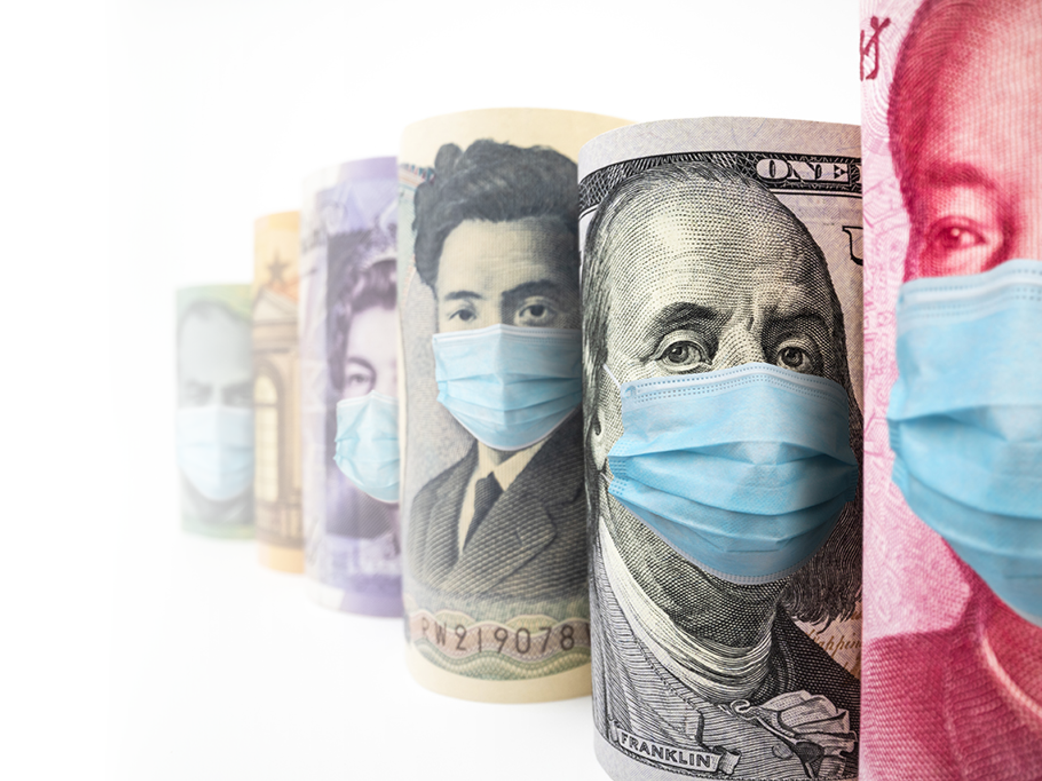 International currency money include US American Dollar, Euro Currency, British UK Pound, Australian Dollar, China Yuan and Japan Yen face mask concept of coronavirus disease COVID-19 economic crisis 