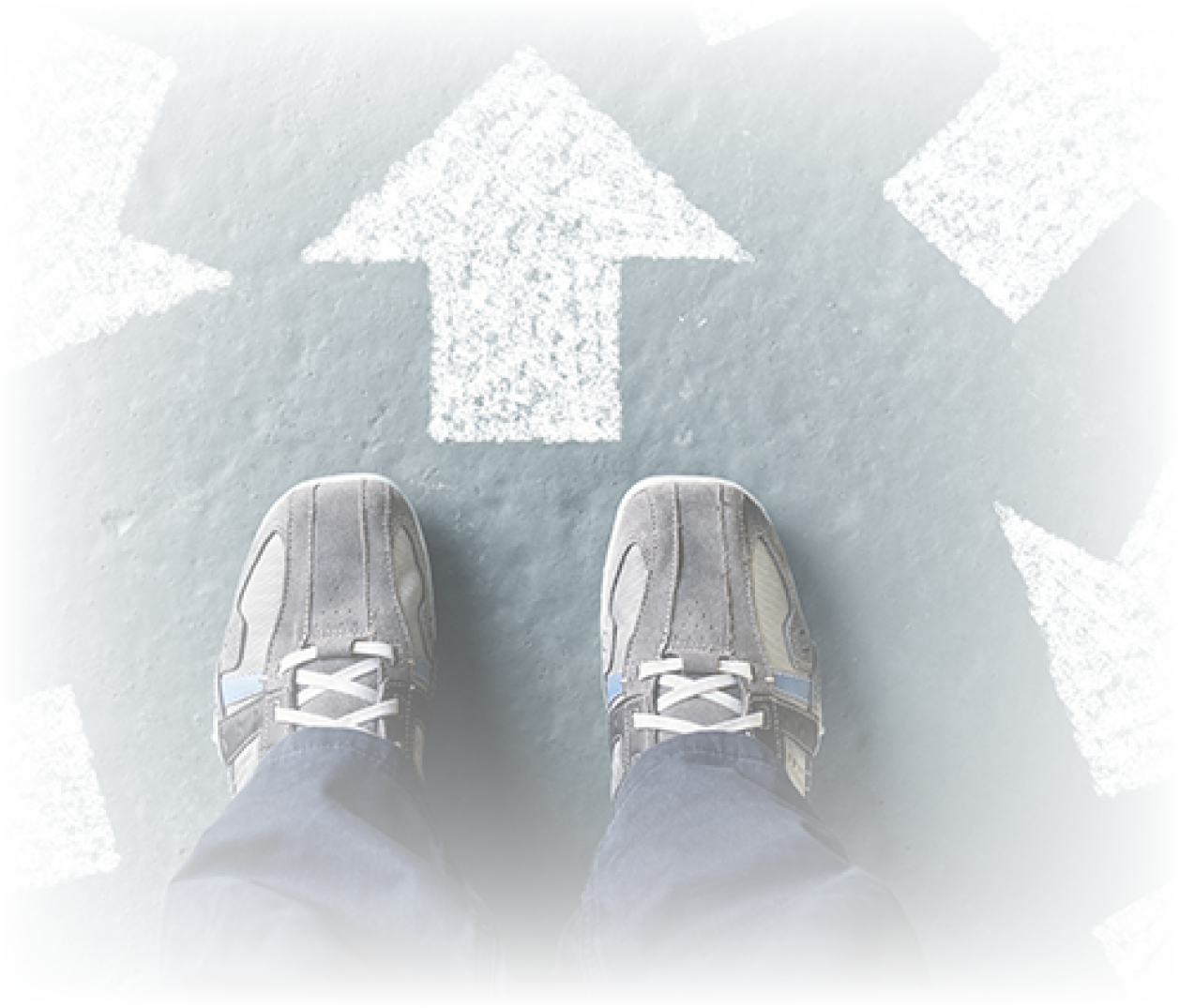 Taking decisions for the future man standing with many direction arrow choices, left, right or move forward