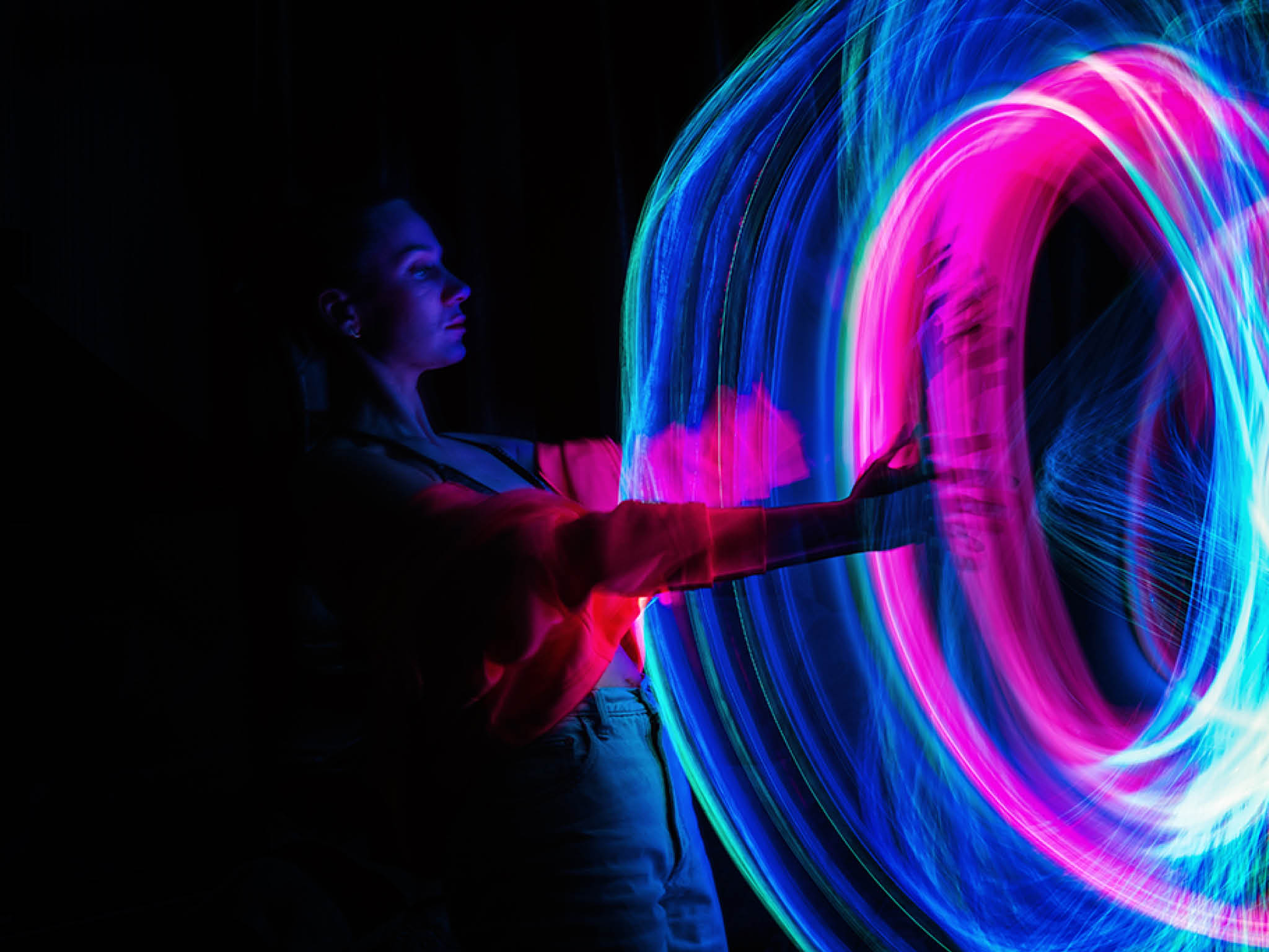 Metaverse digital Avatar, Metaverse Presence, digital technology, cyber world, virtual reality, futuristic lifestyle. Woman in augmented reality, NFT game with neon blur lines.