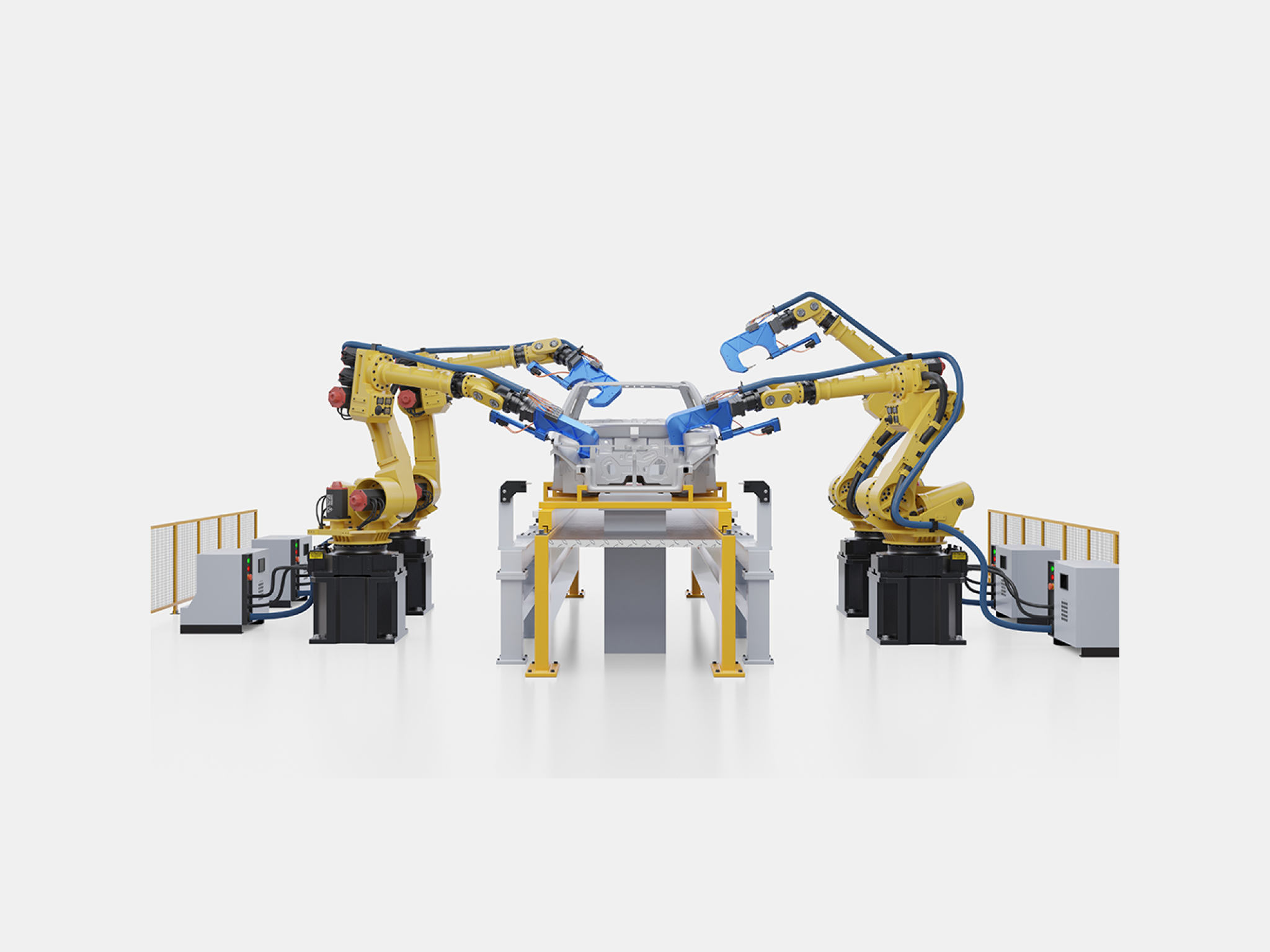 Robotic automotive assembly in factory.3D Rendering