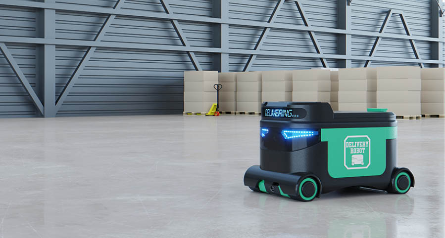 Delivery Robot Food delivery robots may serve homes in near future. AGV intelligent robot.3d rendering